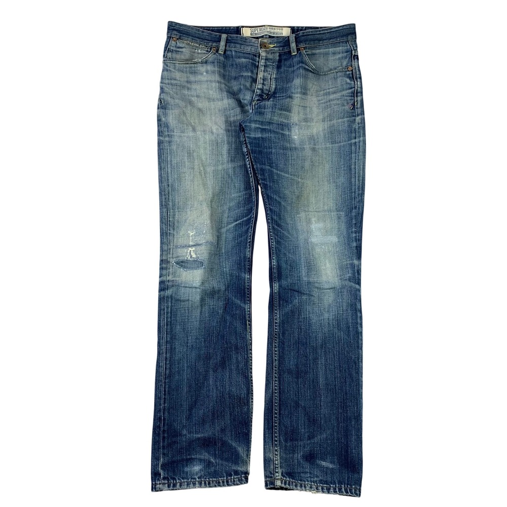 Superdry Standard Blue Jeans Mens 36x32 Blue Distressed Straight‎ Leg Whiskering